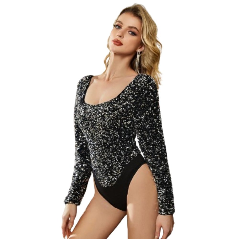 NWT Womens Size 14 Unique21 Silver Black Scoop Neck Sequin Bodysuit Top